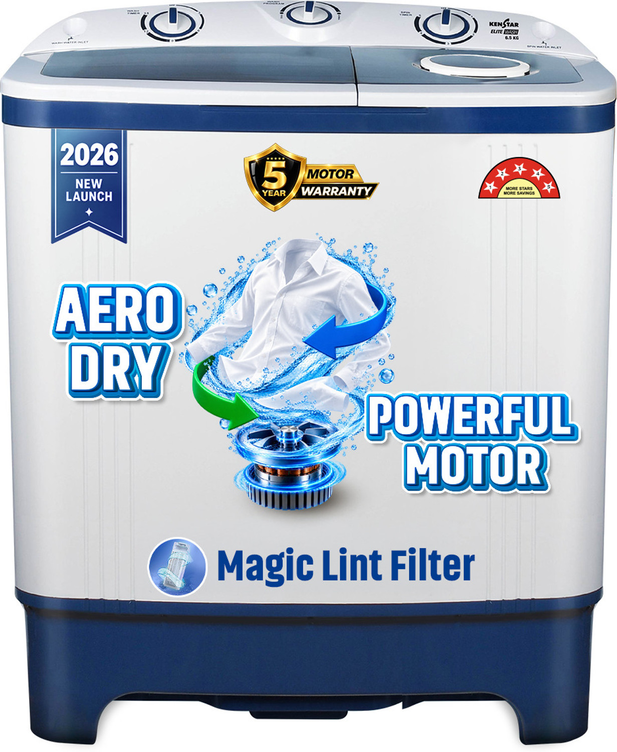 Kenstar 6.5 kg 5Star Rated Semi Automatic Top Load Blue, White (KSSA655NNNDB)