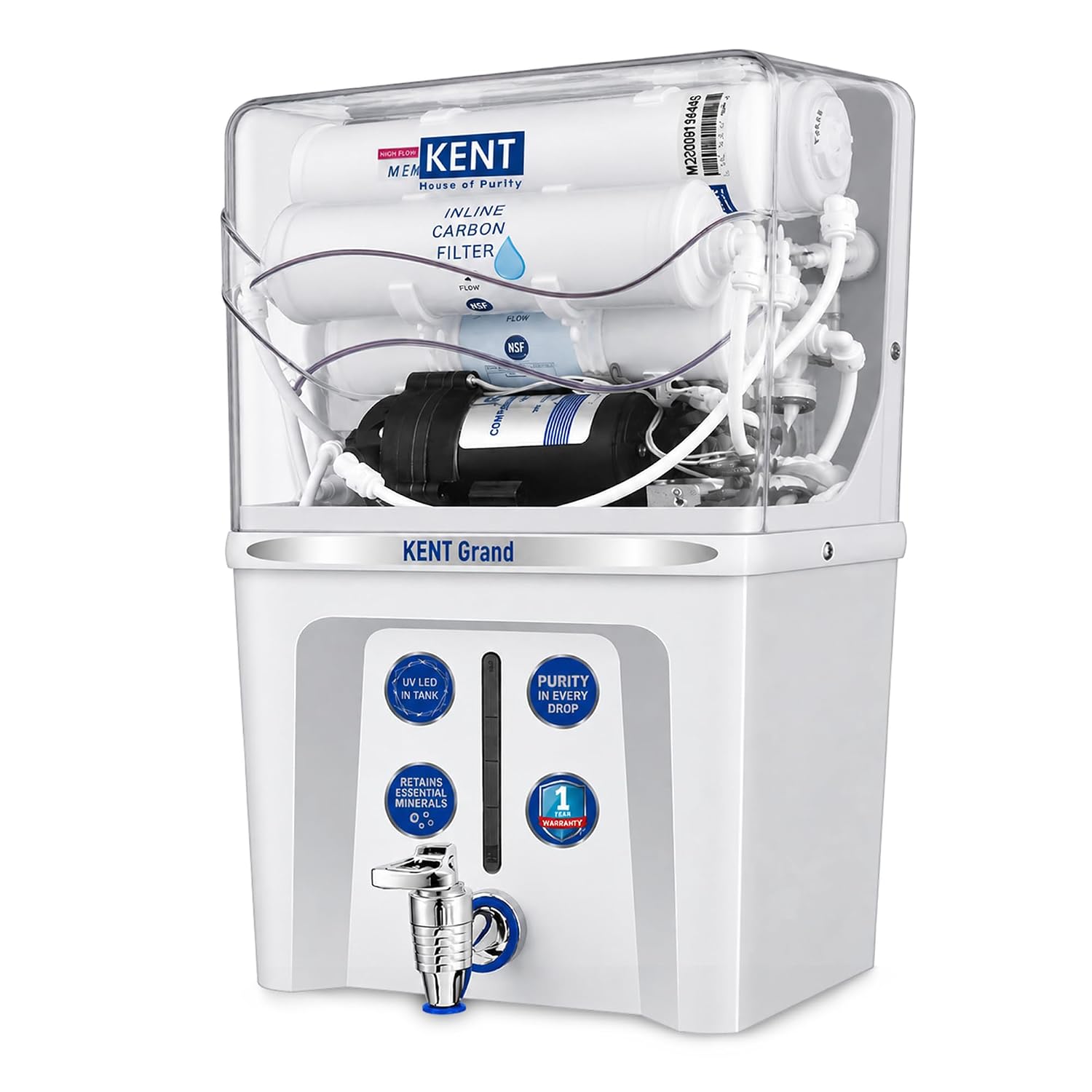 KENT Grand RO Water Purifier | Advanced RO Tech for Sabse Shudh Paani | RO+UF+TDS Control + UV LED Tank| 7.5L| 20LPH Flo