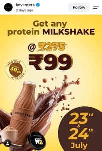 Keventers: Any High Protein Milkshake @ Rs. 99 (MRP Rs. 275) | 23 & 24 July