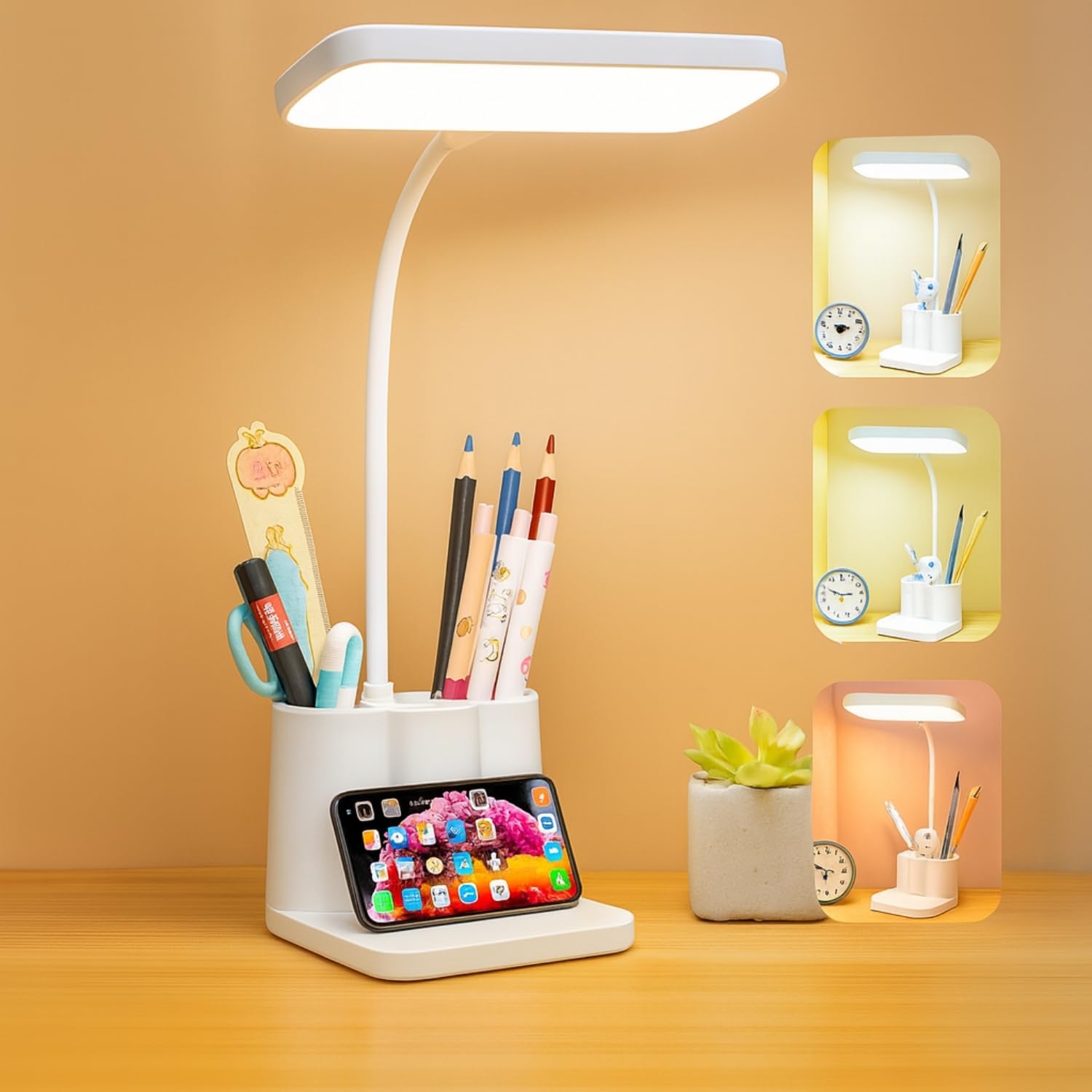 Kian 3-in-1 LED Desk Lamp with Pen & Phone Holder - USB Rechargeable Study Lamp with Touch Sensor, 3 Light Modes, Eye Pr