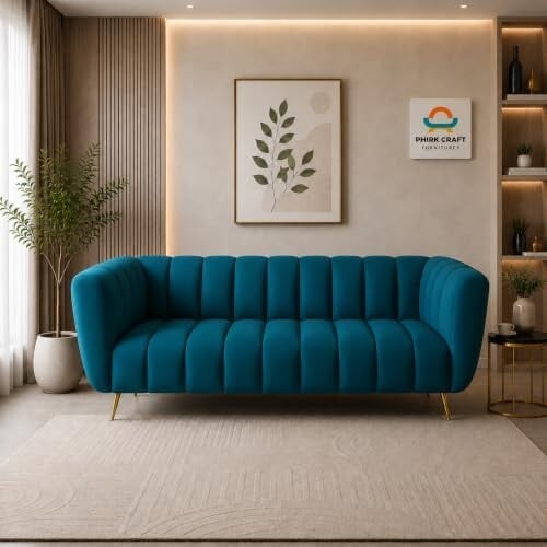 Kiki Modern 3-Seater Velvet Sofa (Blue) - Channel-Tufted Upholstered Couch with Metal Legs for Living Room, Office & Hom