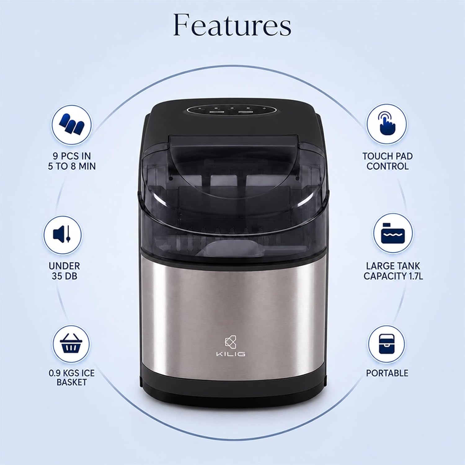 Kilig C02B Countertop Ice Maker Machine | 9 Ice Ready in 5 Mins | 15Kg-24H | Self-Cleaning Function | Portable Ice Maker