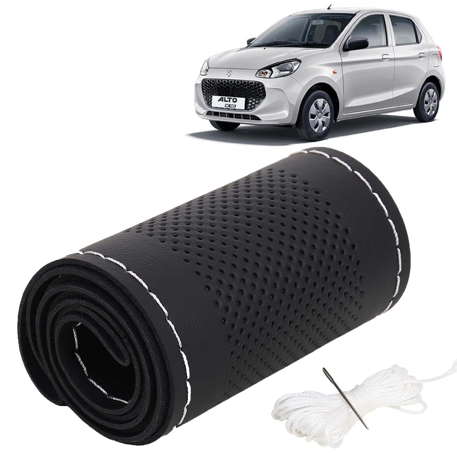 KINGSWAY® PU Leatherite Car Steering Cover Sewable Compatible with Maruti Suzuki Alto K10 (Year 2022 Onwards), Black Col