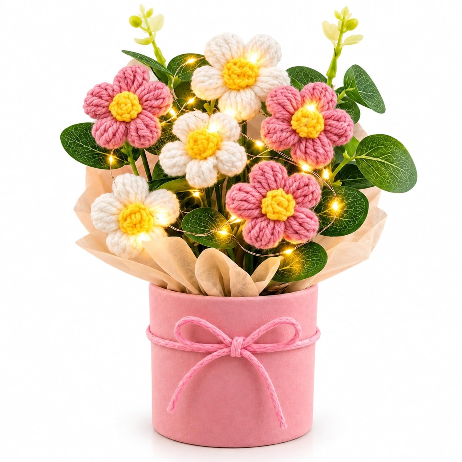 Knitted Yarn Flower Pot with Light