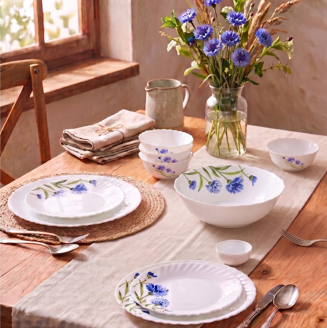 La Opala Novo Opalware Dinner Set, 10 Pcs for Family of 2, Floral Fountain Microwave & Dishwasher Safe, Bone-Ash Free, P