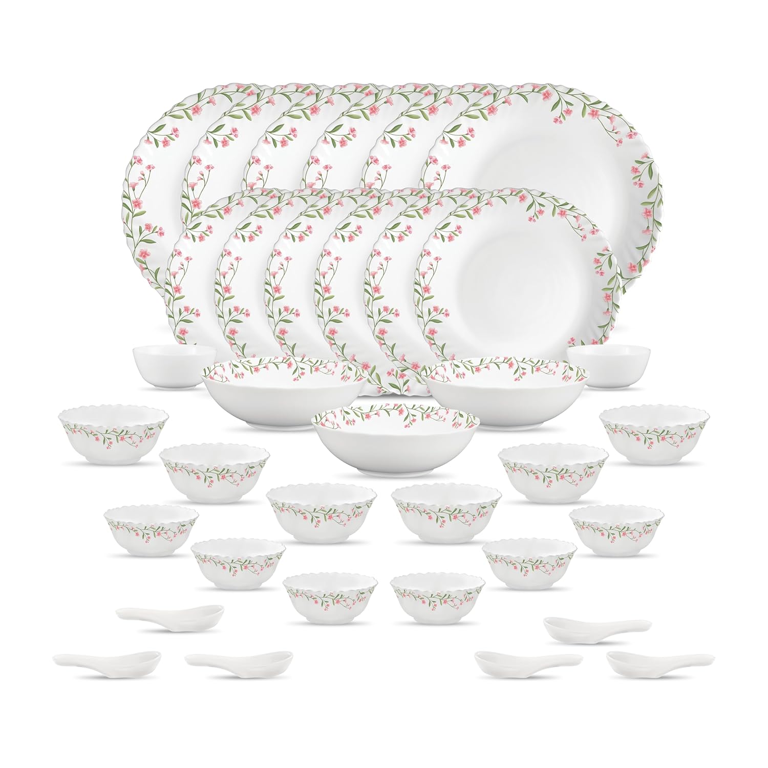 La Opala Opal Glass Crockery | for Family of 6 | Dinner Set 35 pcs Spring Meadows | Plates & Bowls for Dining | Microwav