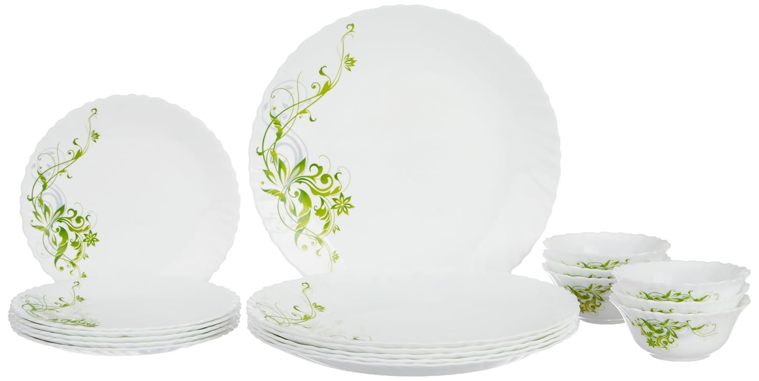 Larah by Borosil Erba Opalware 18 Pcs Dinner Set, Opal Glass Dinner Plates & Bowls