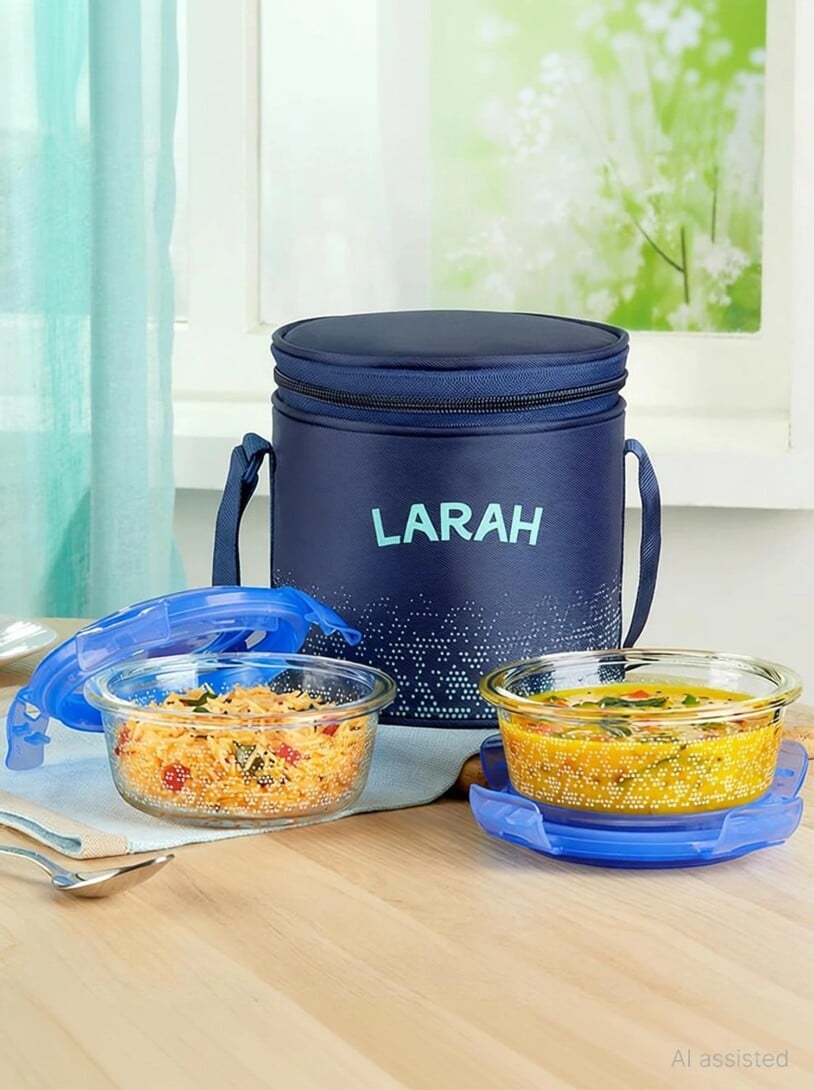 Larah by Borosil Speckle Blue Borosilicate Glass Lunchbox, 2pc Round Set (400ml x 2) Vertical 2 Containers Glass Office