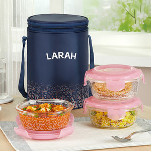 Larah By Borosil Speckle Pink Borosilicate Glass Lunchbox, 3pc Round Set (400ml x 3) Tiffin 3 Containers Glass Office Lu