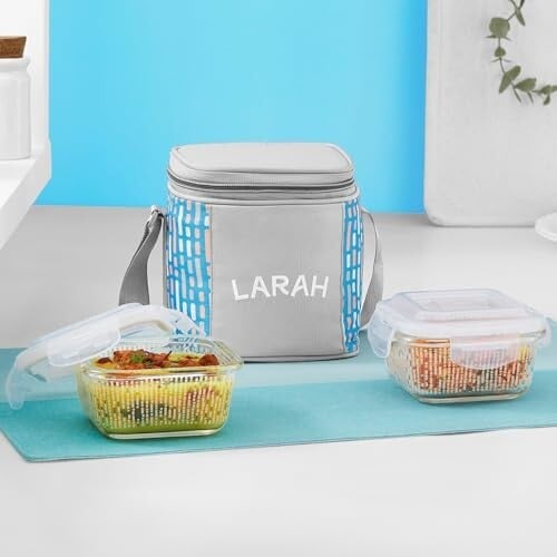 Larah Glassware Vogue Blue Borosilicate Glass Lunchbox with Bag | Microwave & Dishwasher Safe, Leakproof | Tiffin for Of