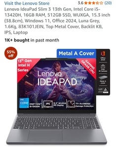 Lenovo IdeaPad Slim 3 13th Gen, Intel Core i5-13420H, 16GB RAM, 512GB SSD, WUXGA, 15.3 inch (38.8cm), Windows 11, Office