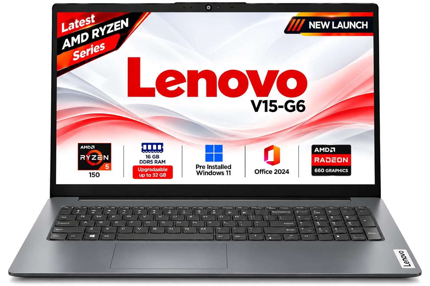Lenovo V15 AMD Ryzen 5 150 15.6" (39.62cm) FHD 300 Nits Antiglare (16GB/512GB SSD/Windows 11/Office Home 2024/Luna Grey/