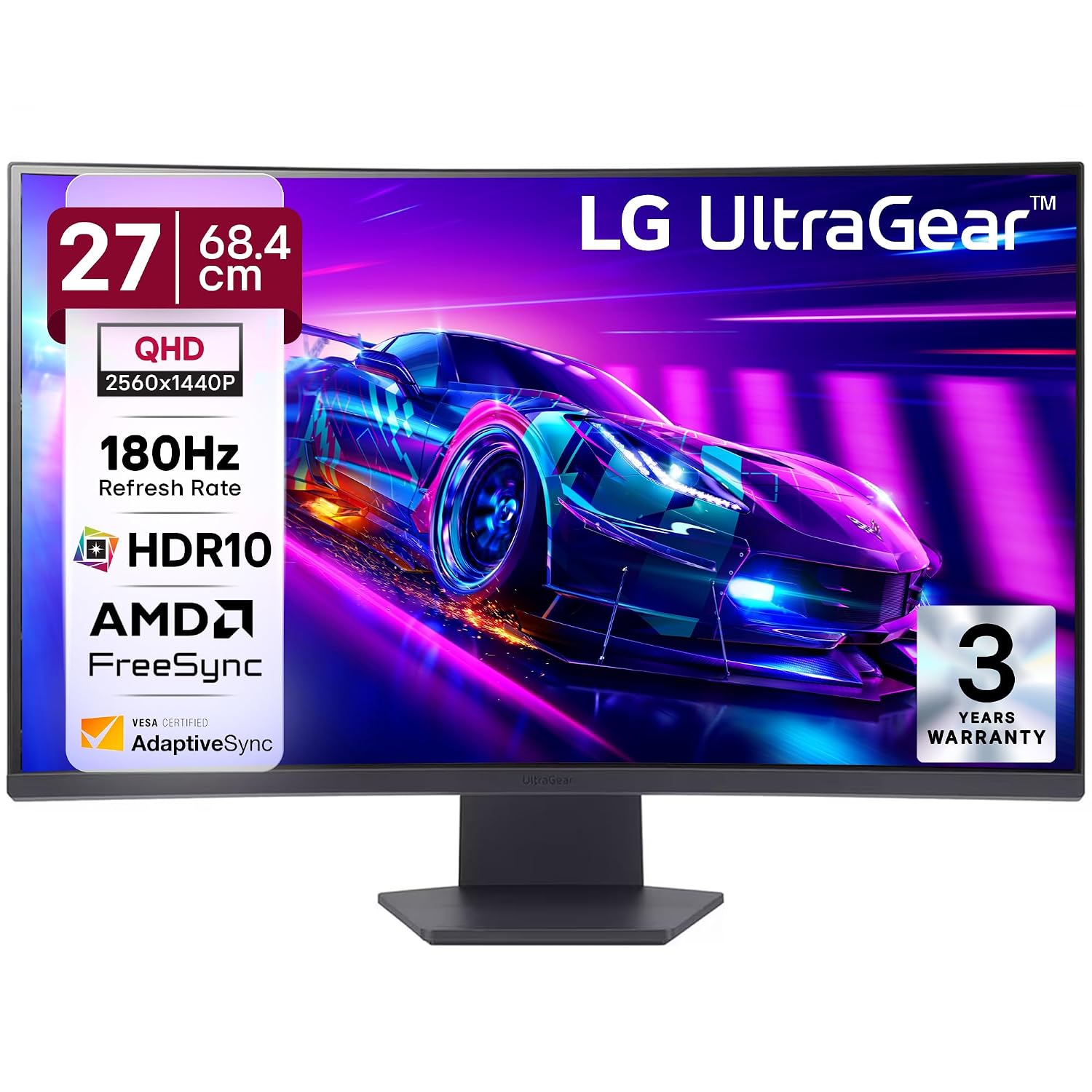 LG 27GS60QC 68.4cm (27 Inch) Ultragear Curved (1000R) QHD (2560x1440) Gaming Monitor, 180Hz, 1ms, 3-Side Virtually Borde