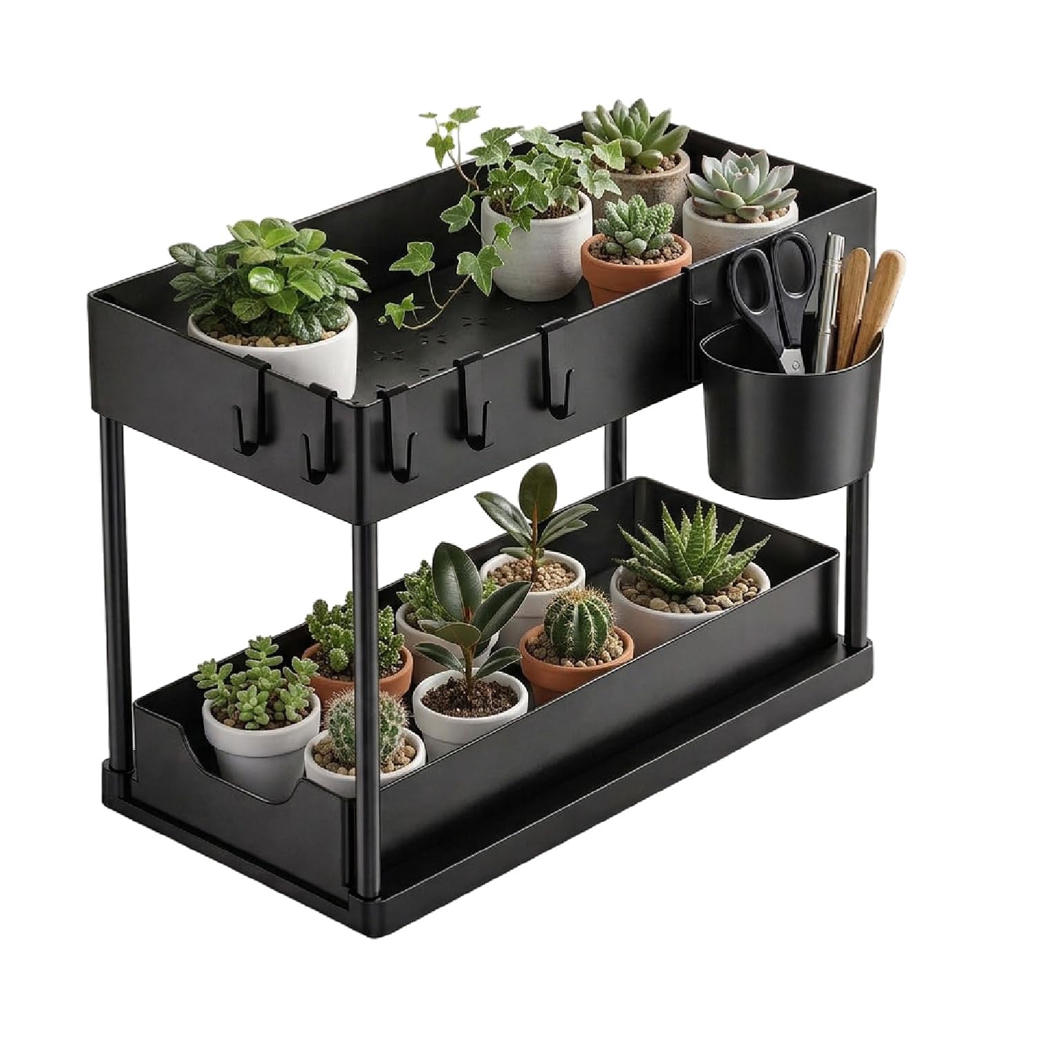 Lifelong 2 Tier Plant Stand Indoor with Storage Tray and Hooks, Black Metal Plant Shelf for Small Potted Plants, Tableto