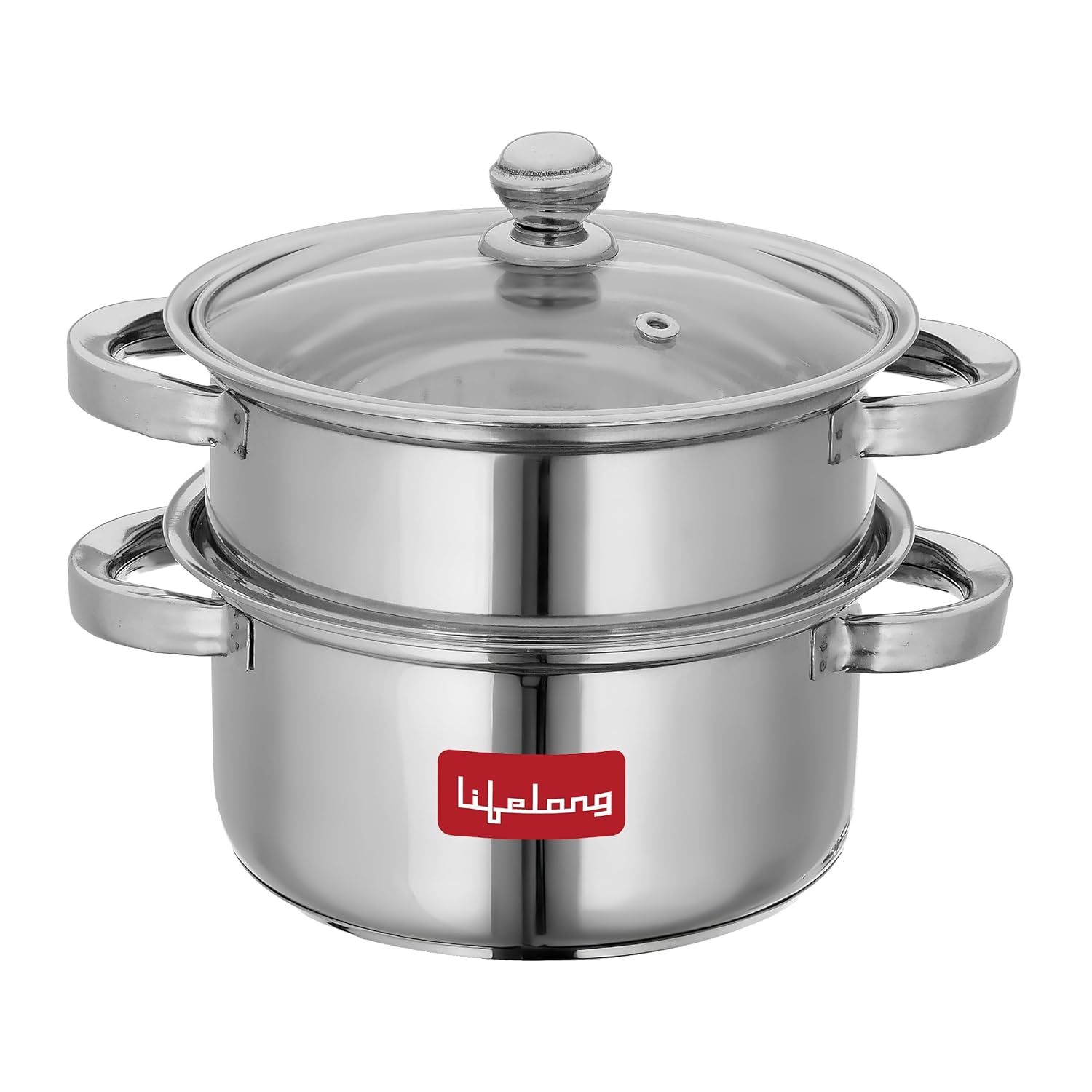 Lifelong 2-Tier Steamer/Momo/Modak Maker | Induction Compitable with Glass Lid & Riveted Handles | 20 cm Stainless Steel