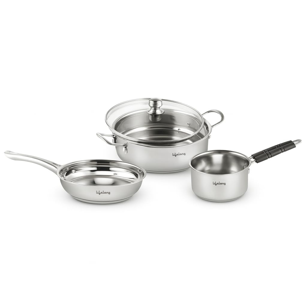 Lifelong 4 piece Stainless Steel cookware Set | 22 cm Kadai & Fry Pan 22 cm with Glass Lid | 14 cm Sauce Pan