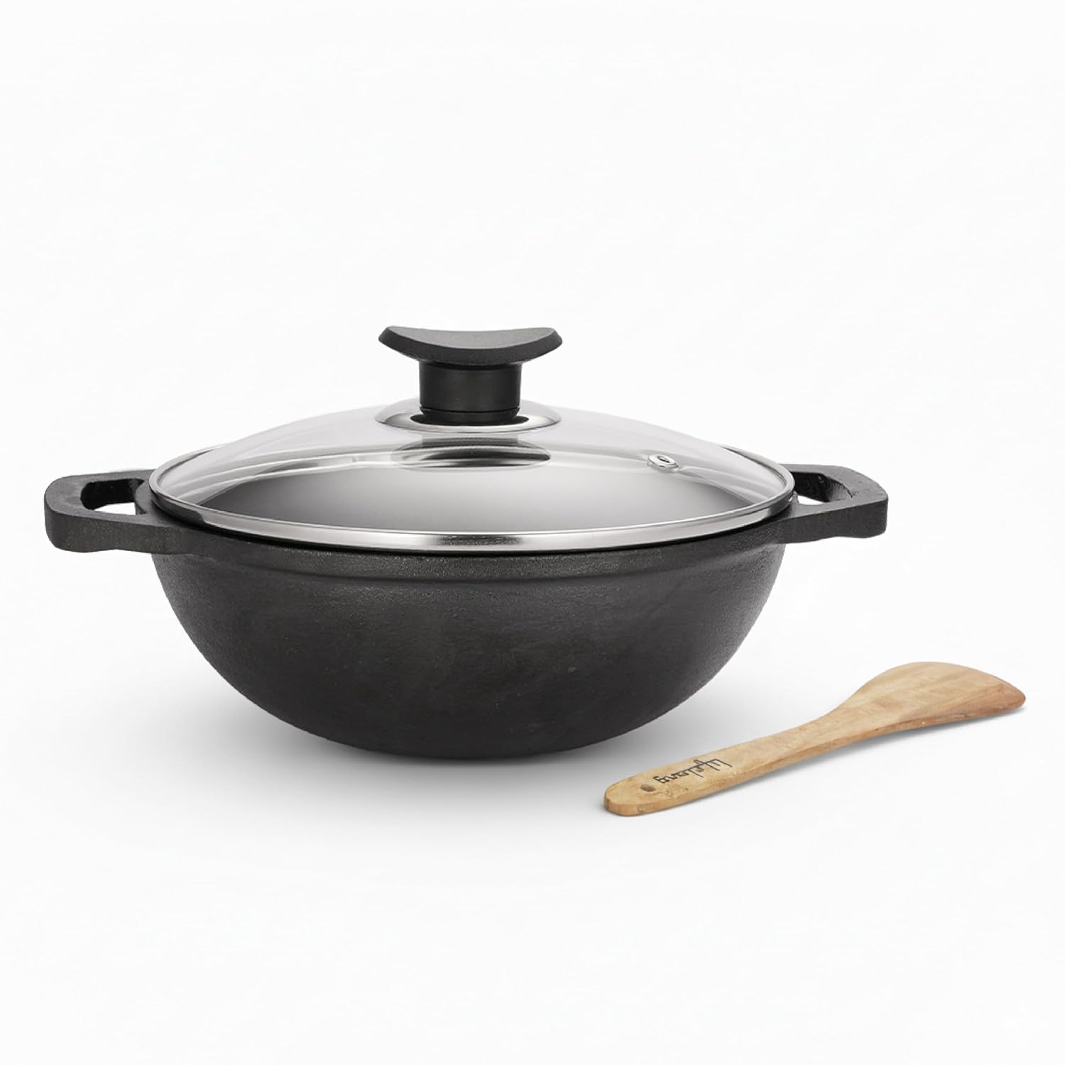 Lifelong Cast Iron Kadhai 24cm with Glass Lid & Wooden Spatula | 3.3L, 2.4kg