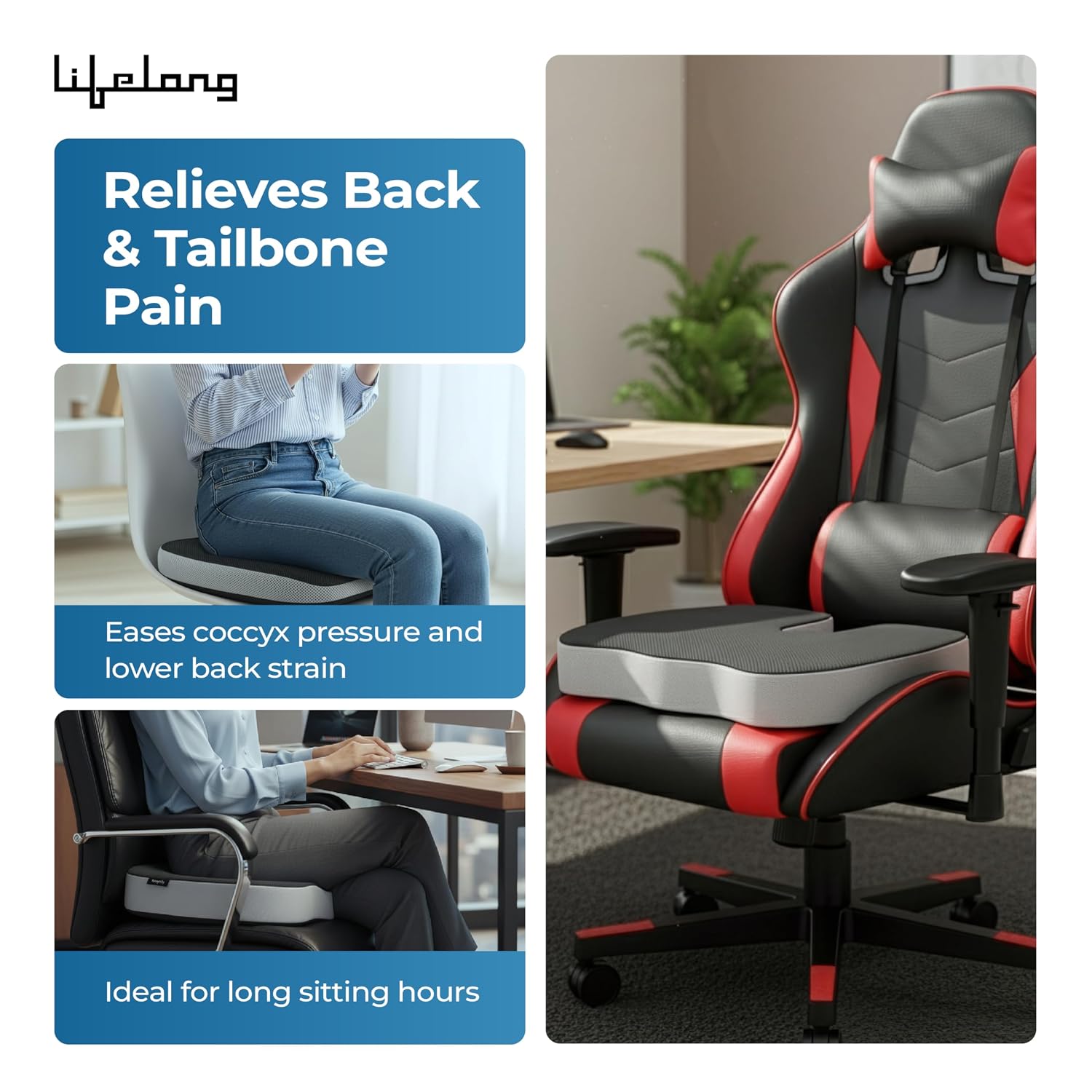 Lifelong Coccyx Cushion, Donut Pillow for Tailbone Pain Relief, High-Density Foam, Standard Size, Mesh Grey & Black