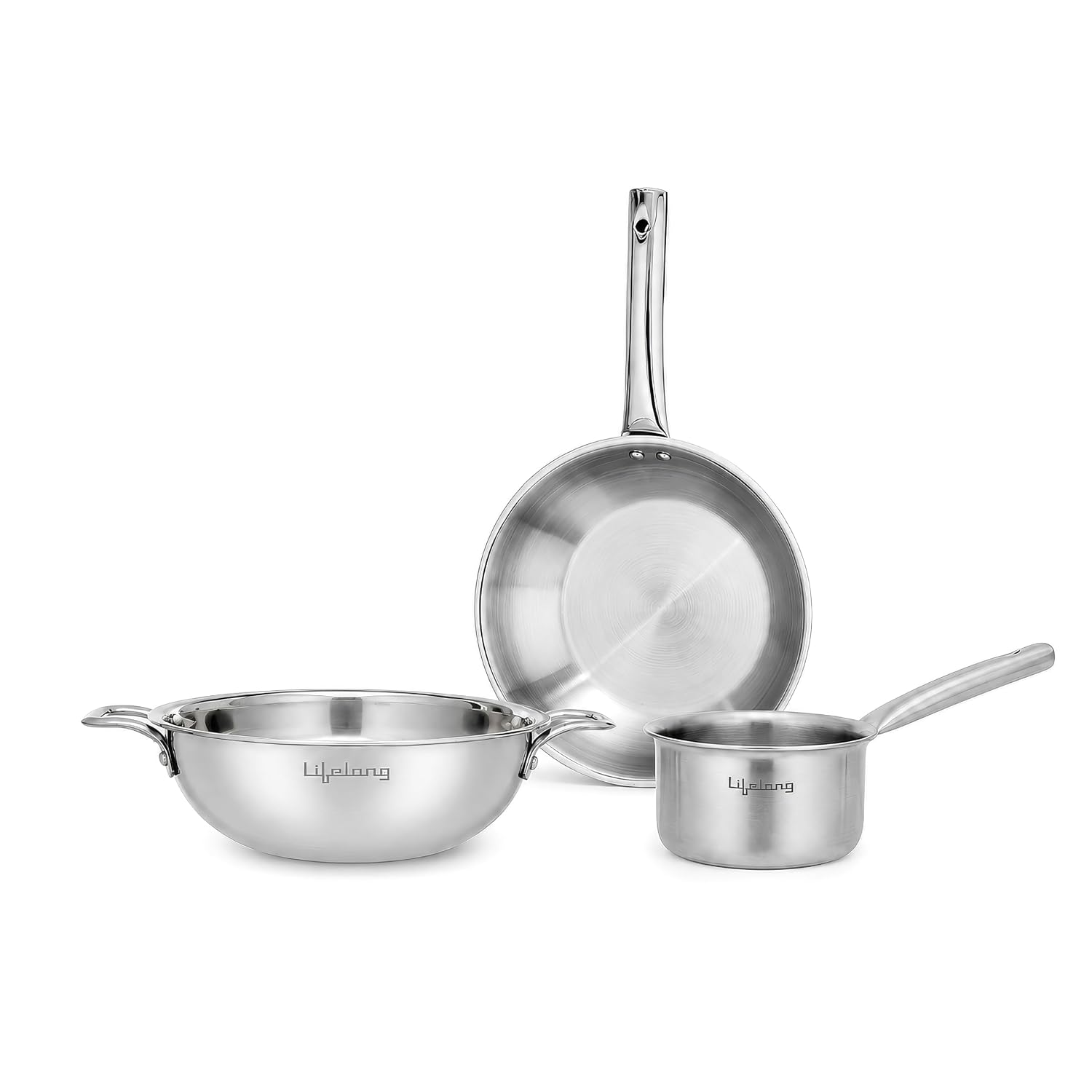 Lifelong Triply 3-piece cookware Set | Kadai, Frypan & Saucepan for Cooking | Stainless Steel 22 cm Kadai & Fry Pan 22 c