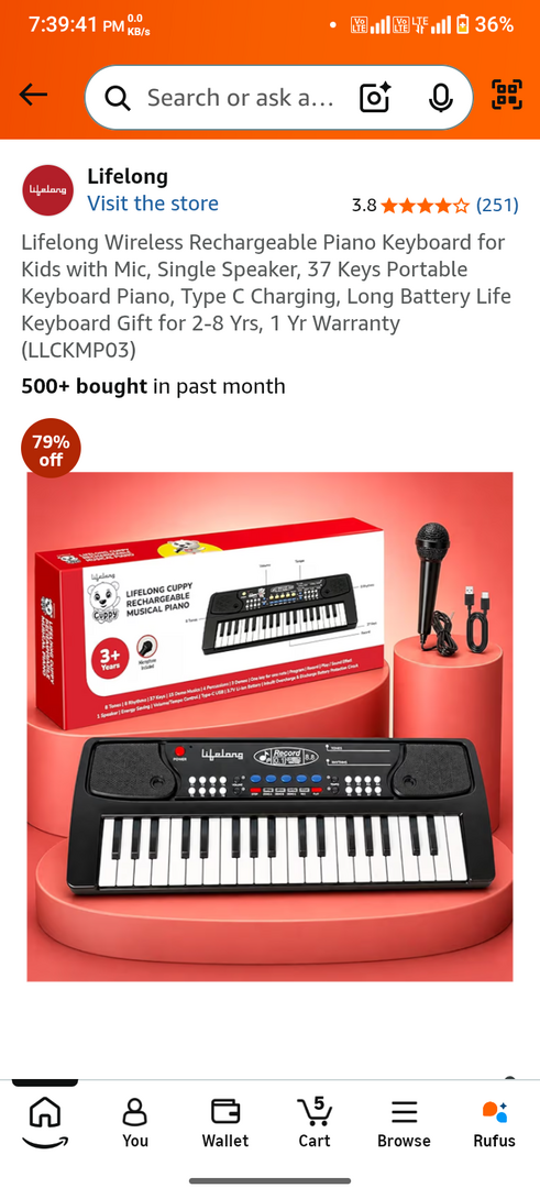Lifelong Wireless Rechargeable Piano Keyboard for Kids with Mic