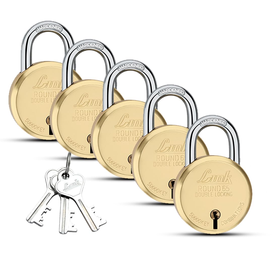 Link 65mm New Brass Round Padlocks 5Pcs Set | 50000 Computerised Key Combinations | Double Locking | Brass Body | Brass