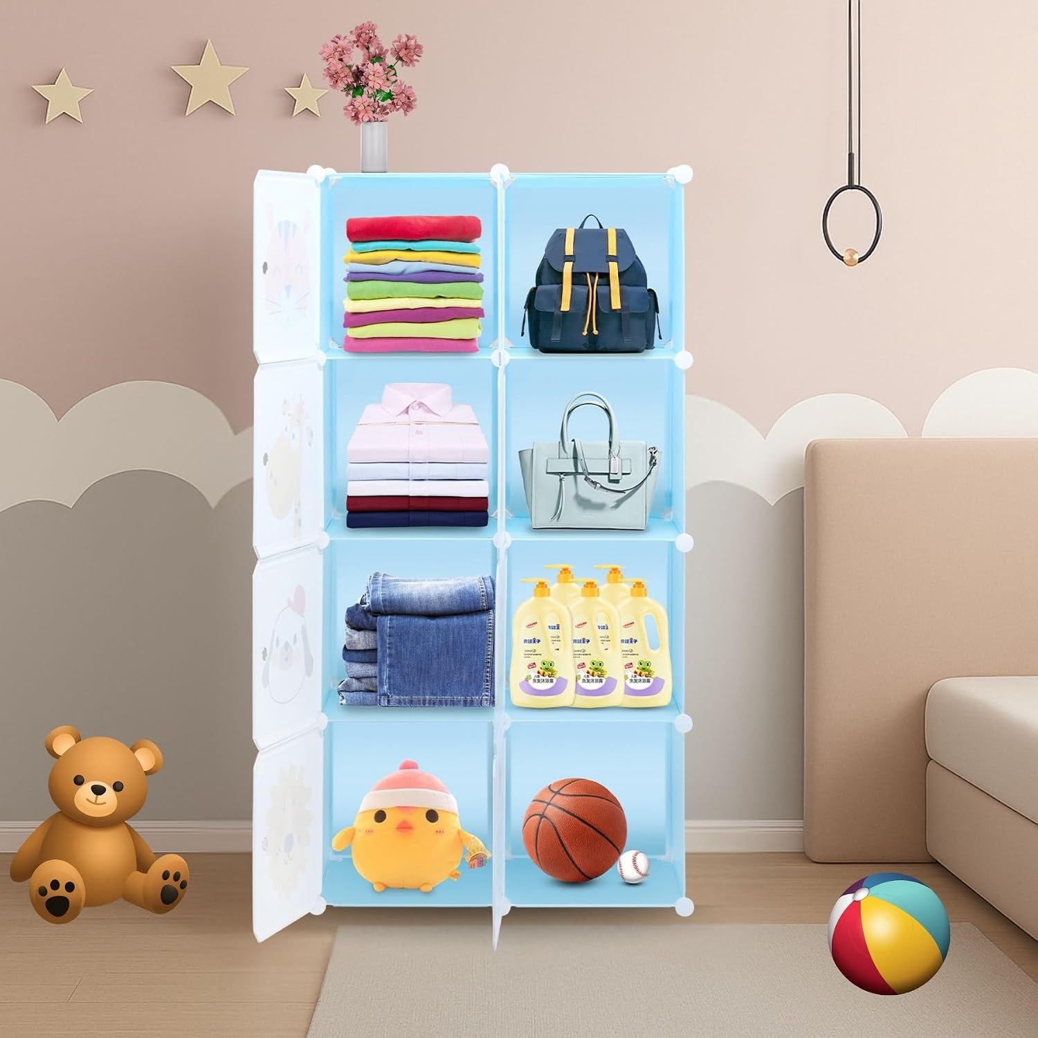 Little Olive Animal Friendly Wardrobe | 8 Cube Modular Plastic Storage Cabinet for Kids | Blue Matte Toy and Clothes Org