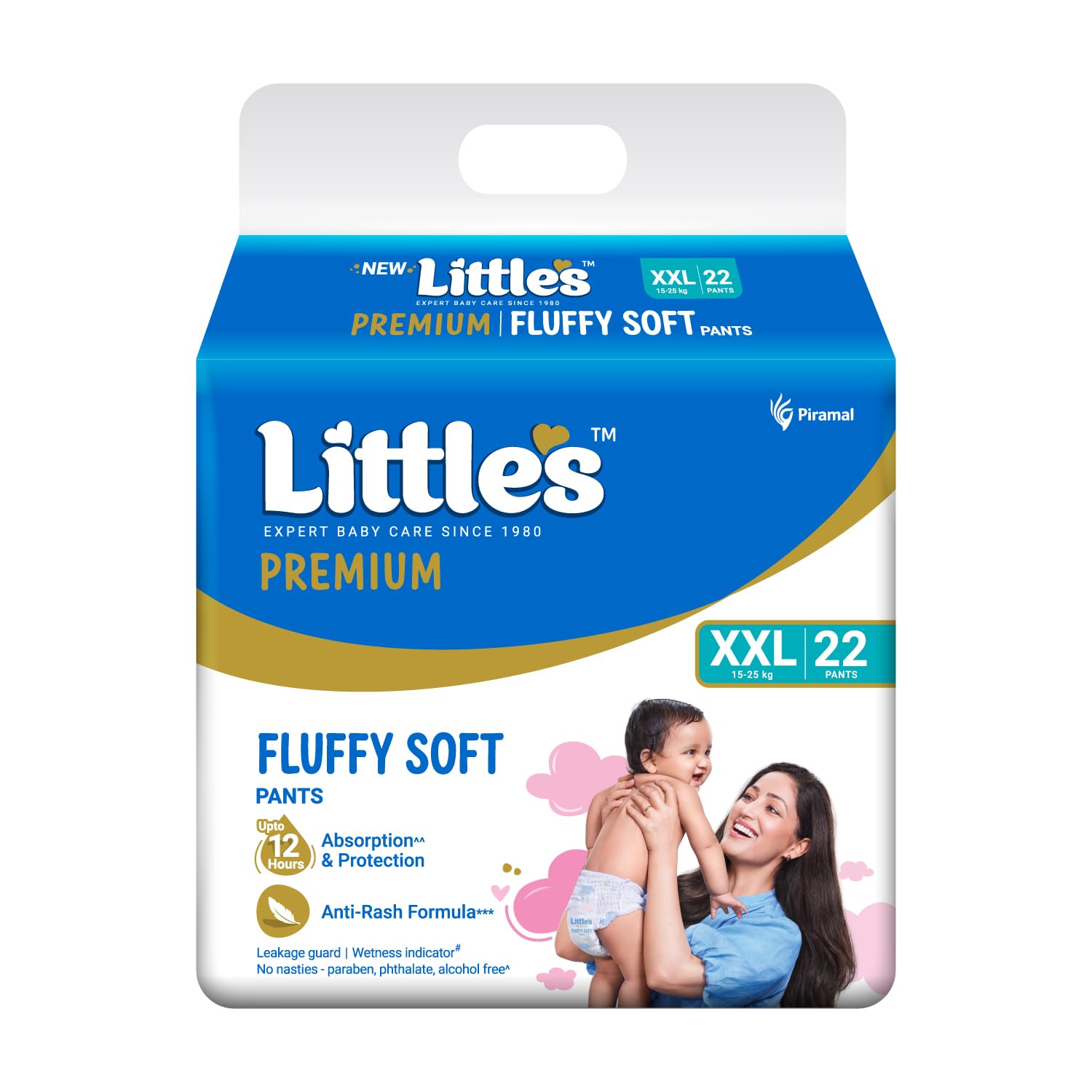 Little's Premium Baby Diapers XXL Size | Pants Style | 15-25 kg | 22 Count - Pack of 1 | FluffySoft Baby Diaper with Lea