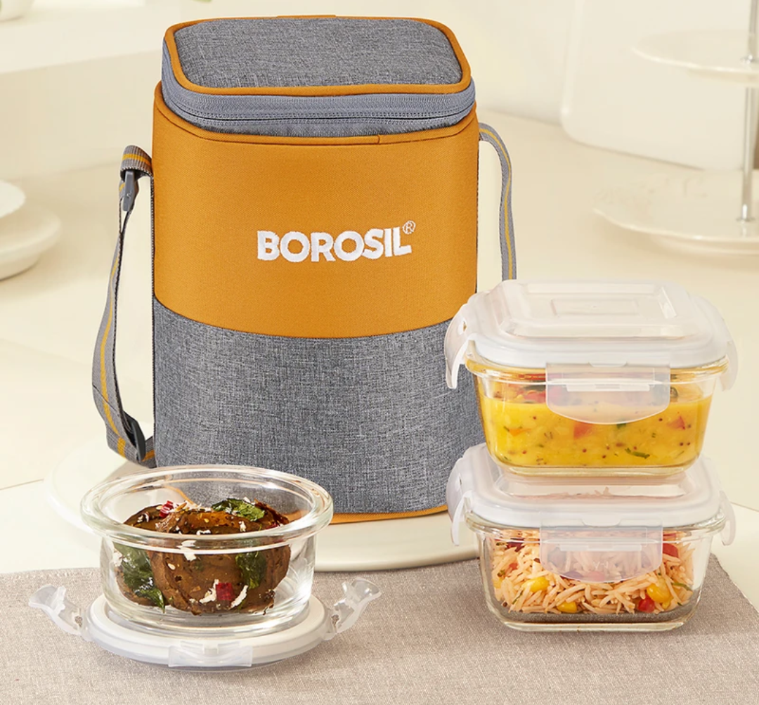 (Liveshop) Borosil Zest Borosilicate Glass Lunchbox, 3pc Set (320ml x 2 + 240ml x 1), Office Tiffin 3 Containers Glass O
