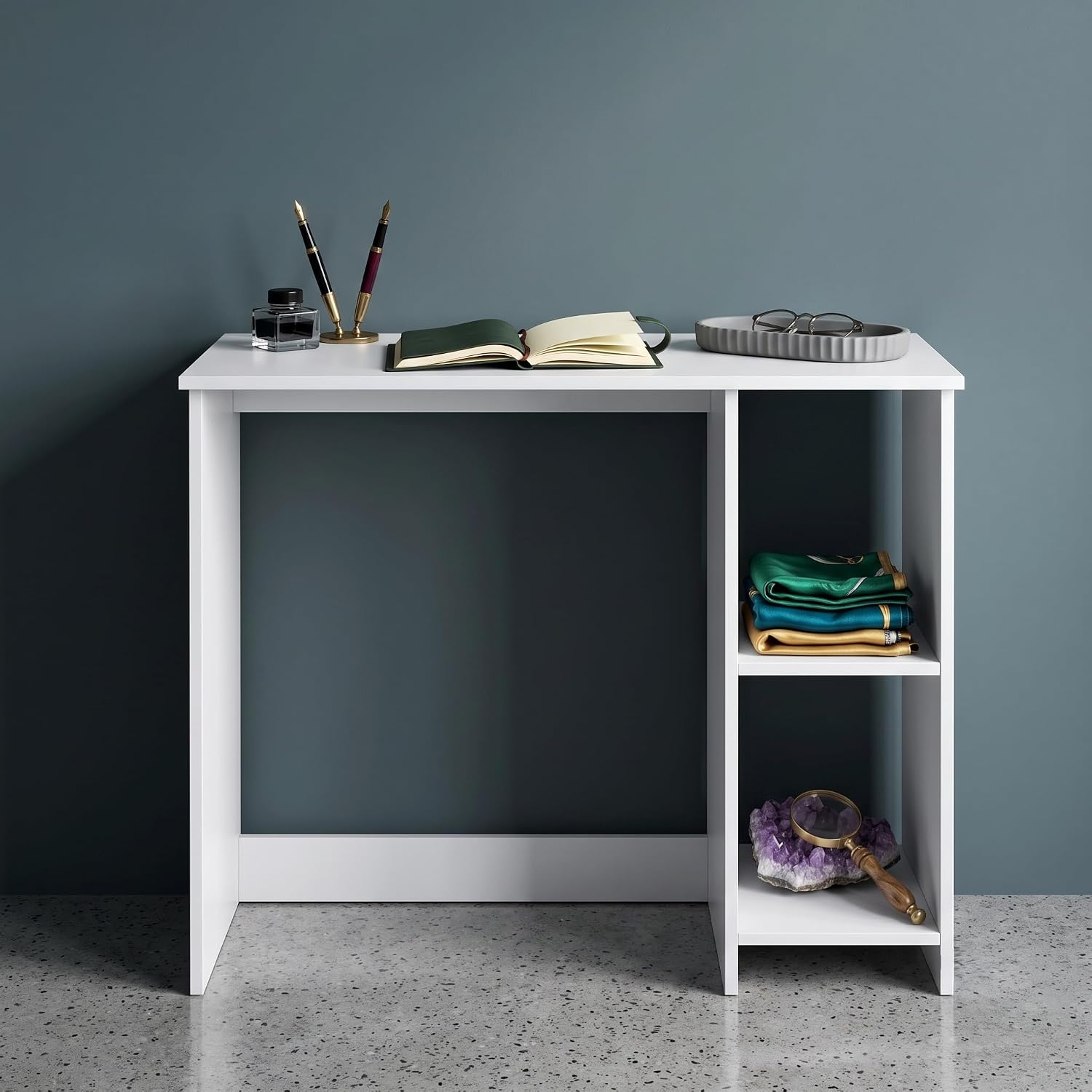 Luna Compact Study Table & Vanity Desk with 2-Tier Side Shelves - Wood, Frosty White (80 x 40 x 75 cm)