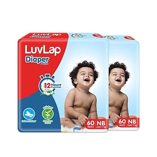 LuvLap Pant Style Baby Diapers, Newborn (NB) For babies of Up to 5kg, 120 Count (60x 2) with Aloe Vera Lotion for rash pr