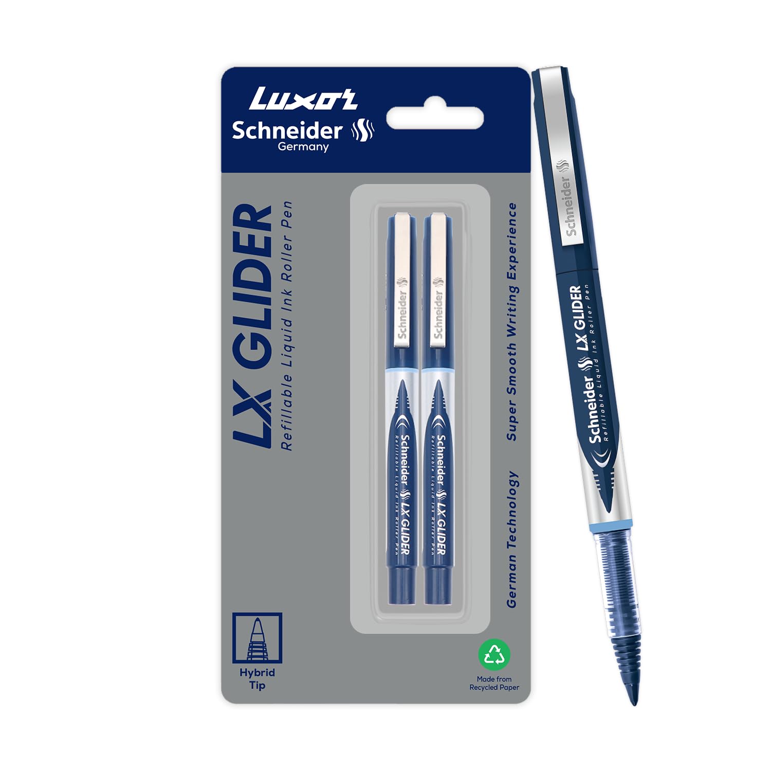 Luxor Schneider, LX Glider Pens, Pack of 2, Ink- Blue, Hybrid Tip, Refillable, Liquid Ink Roller Pen, Smooth Glide, Perf