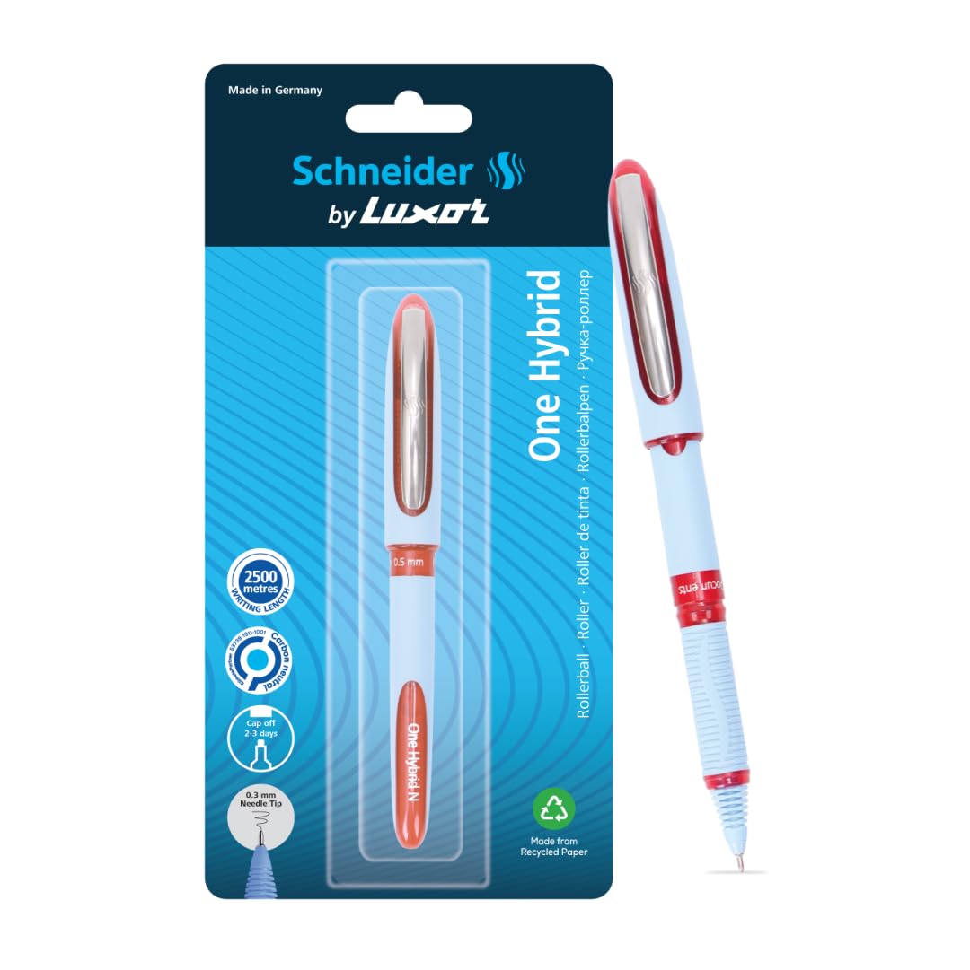 Luxor Schneider, One Hybrid Roller Ball Pen - Red, 0.3 mm, 2500 mtrs writing length, Waterproof Ink, Consistent ink flow