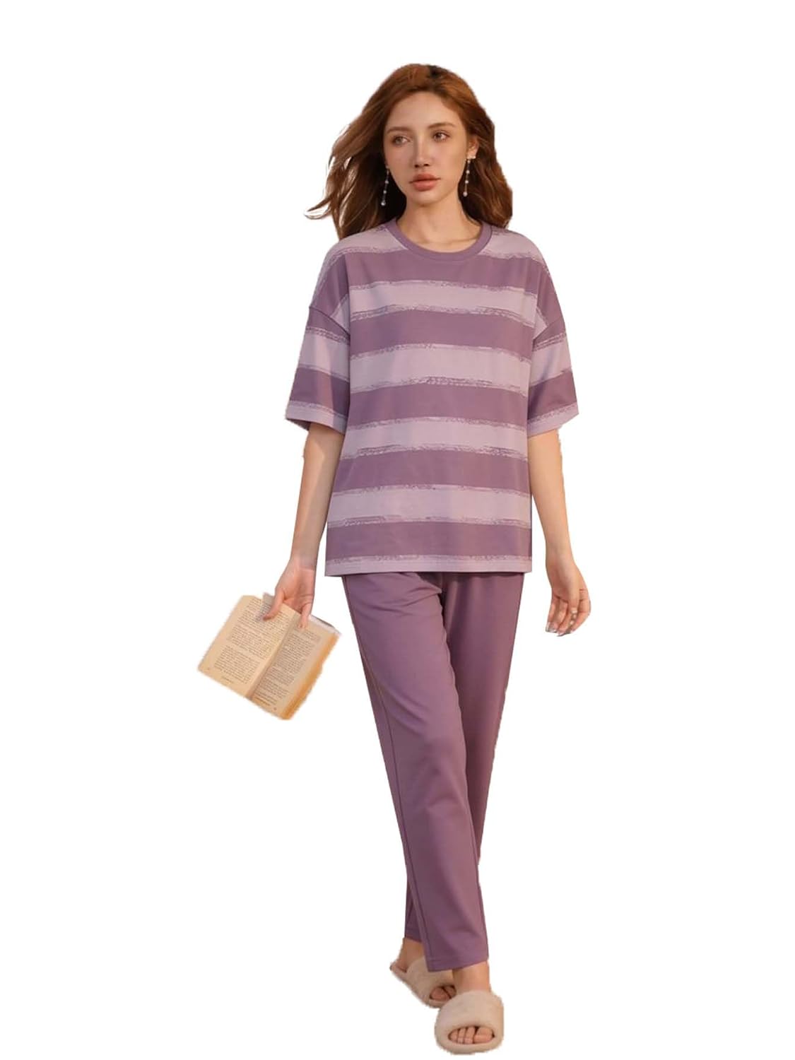 Lymio Womens Korean Night Dress | Full Pyjama Set | Korean Nightsuit | Women Nightwear |Round Neck Half Sleeve Nightsuit