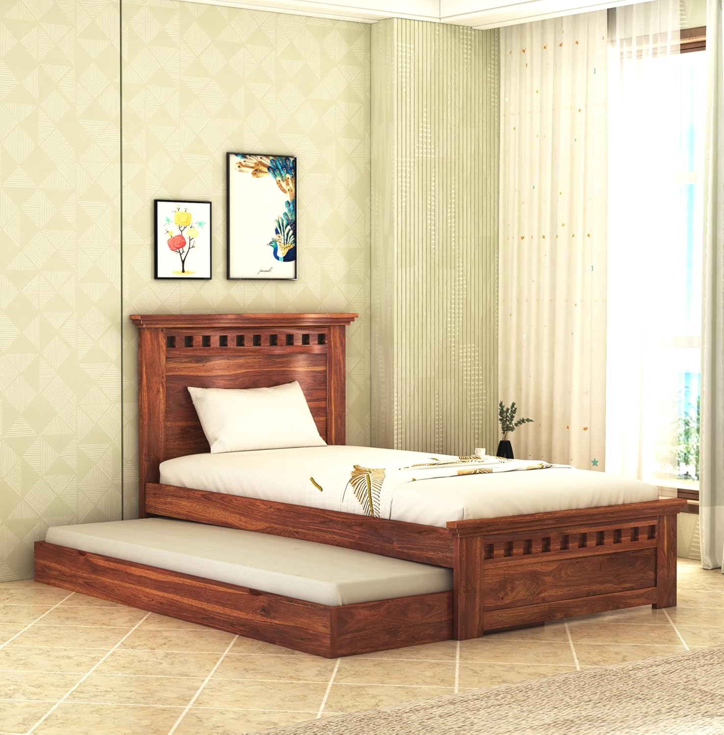 MAMTA Decoration Sheesham Wood Kuber Single Size Trundle Bed (Honey Finish) [Rs. 7000 Coupon]
