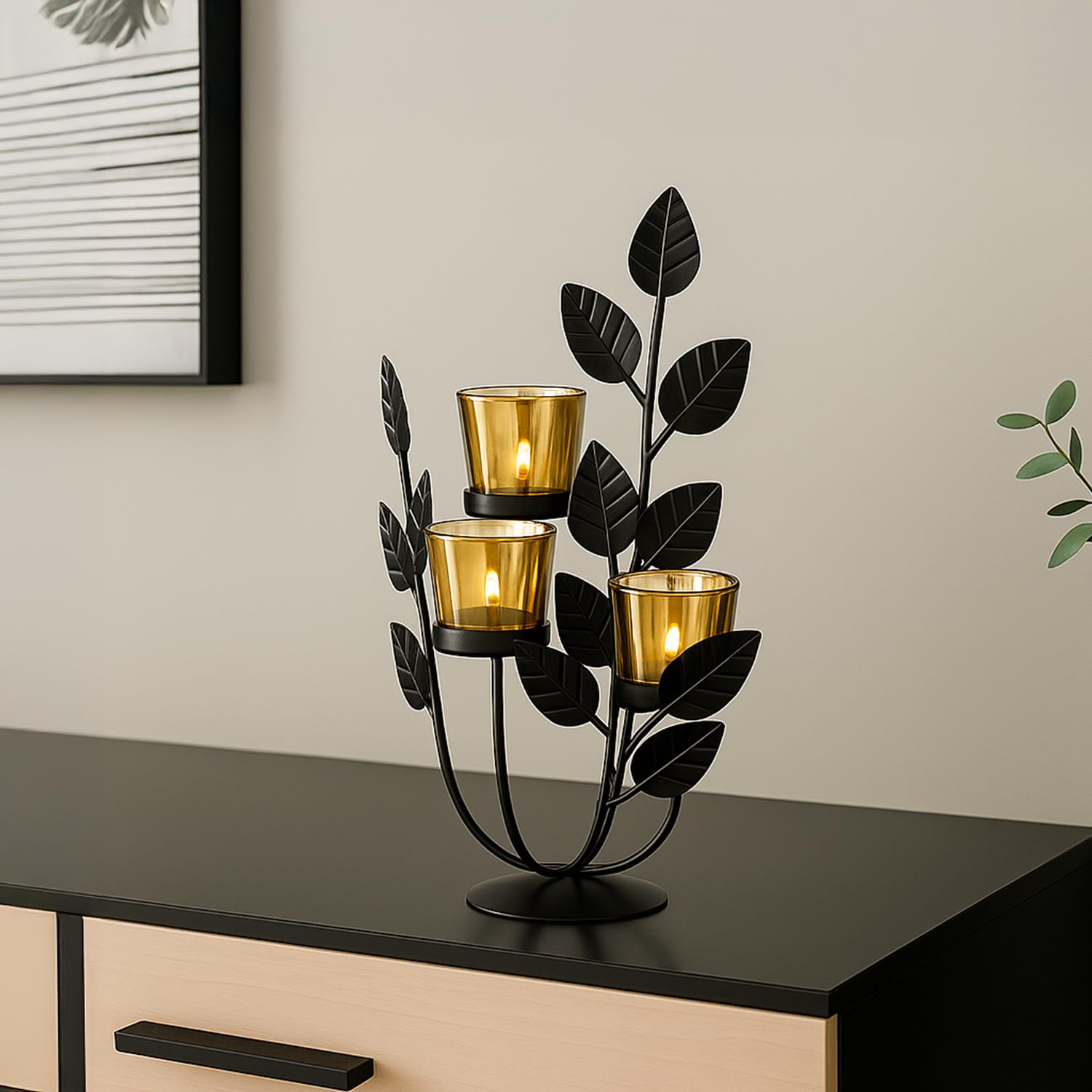 MARKET 99 Metal + Glass 3 Votive T-Light Holder Leaf Shape Black