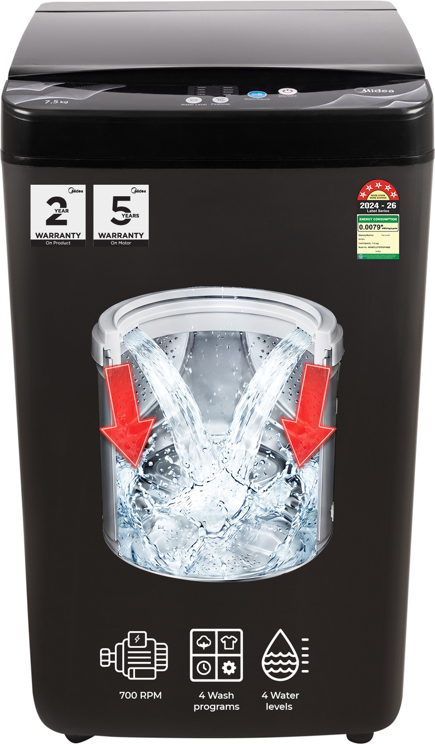 Midea 7.5 kg Fully Automatic Top Load Black (MWMTL075FP0PNMB)