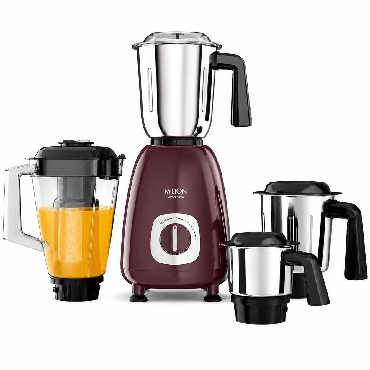 Milton Artis Mixer Grinder, ISI Certified, Grindstone Blade Technology, 3 Jar + 1 Blender Jar, 800 W (21000 RPM), 5 yr m