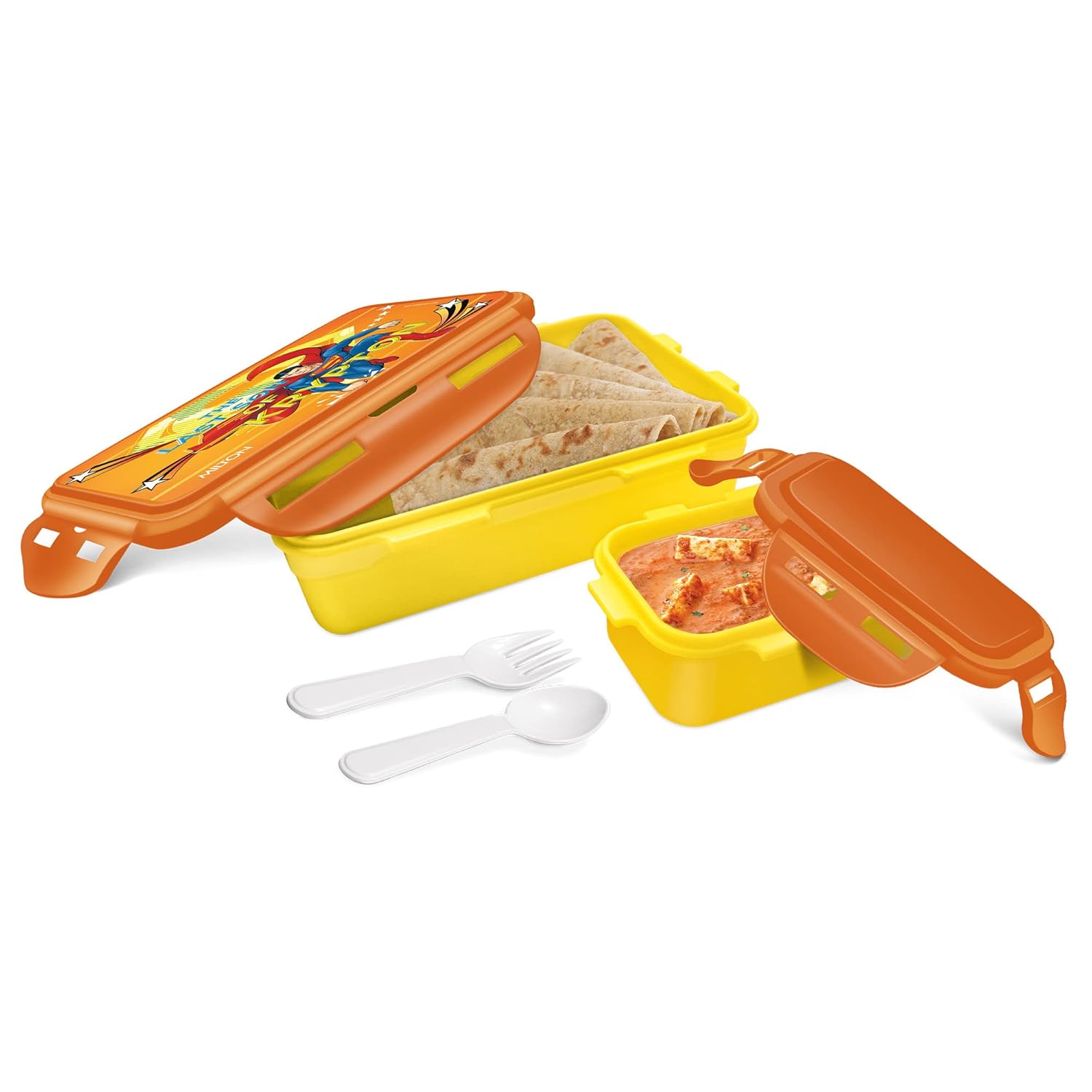 MILTON Mini Fun Treat Super Hero Plastic Tiffin Box for Kids, 650 ml, with Inner Container, 125 ml, Light Yellow | Schoo