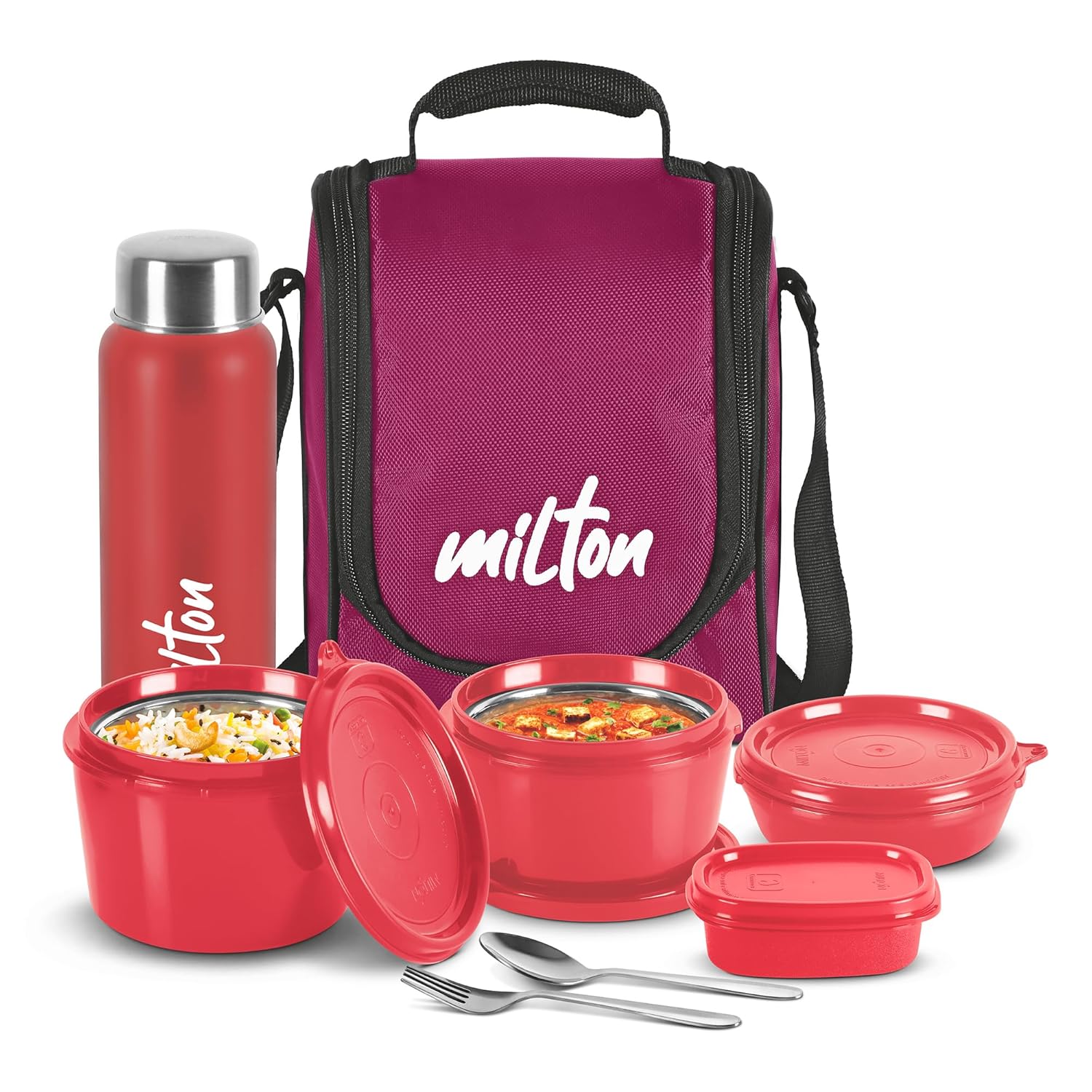 MILTON Pro Lunch Box with Steel Cutlery, 3 Microwave Safe Inner Steel Containers (180 ml, 320 ml, 450 ml), Plastic Chutn