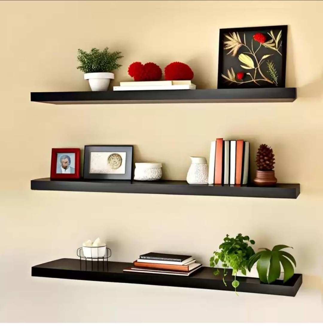 Modern Floating Wall Shelves Set of 3 - Black Wooden Display Shelves for Living Room, Bedroom, Kitchen & Office | Wall M