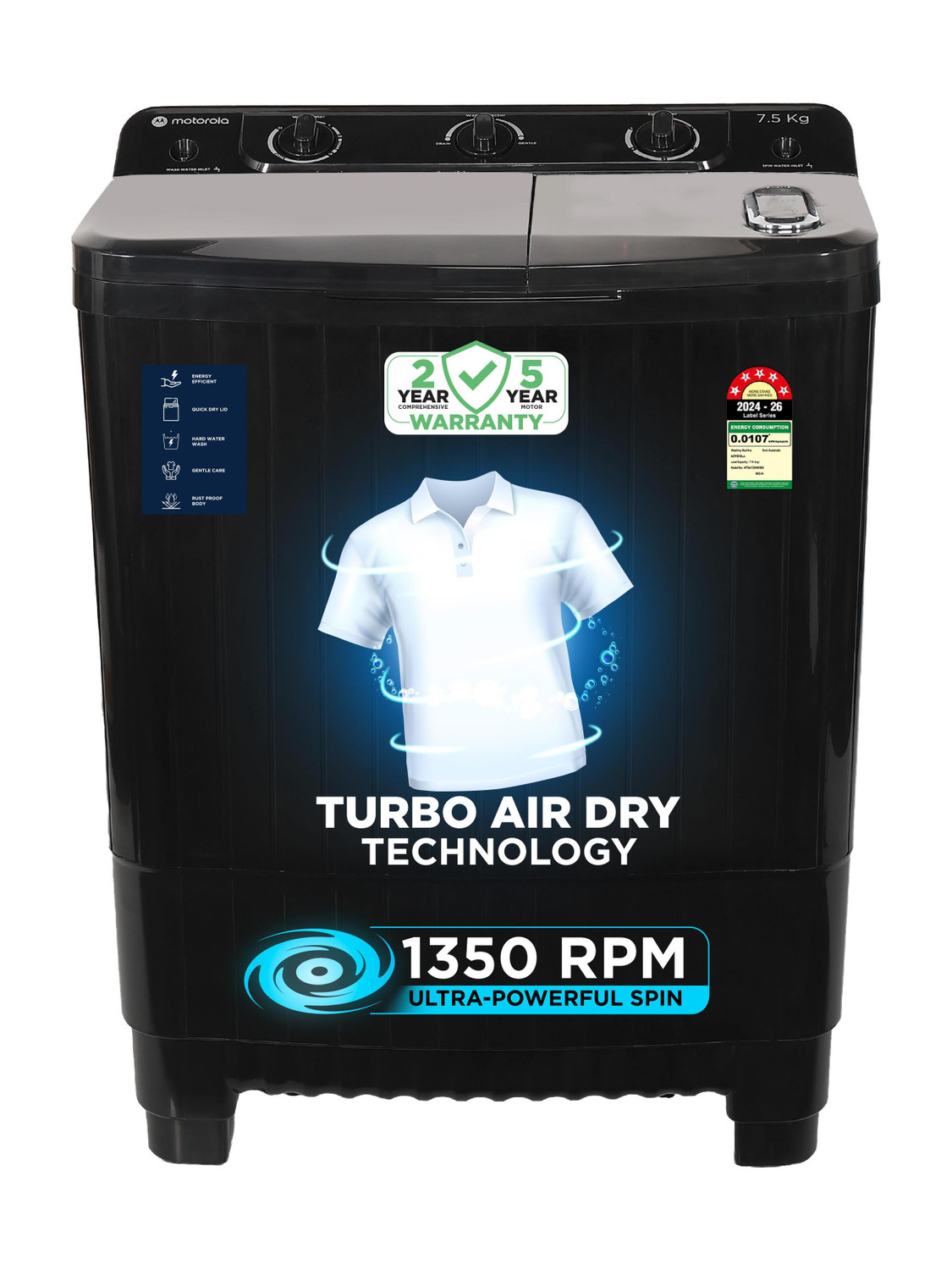 Motorola : 7.5 kg with Turbo Air Dry and Magic Filter Semi Automatic Top Load Black on Flipkart