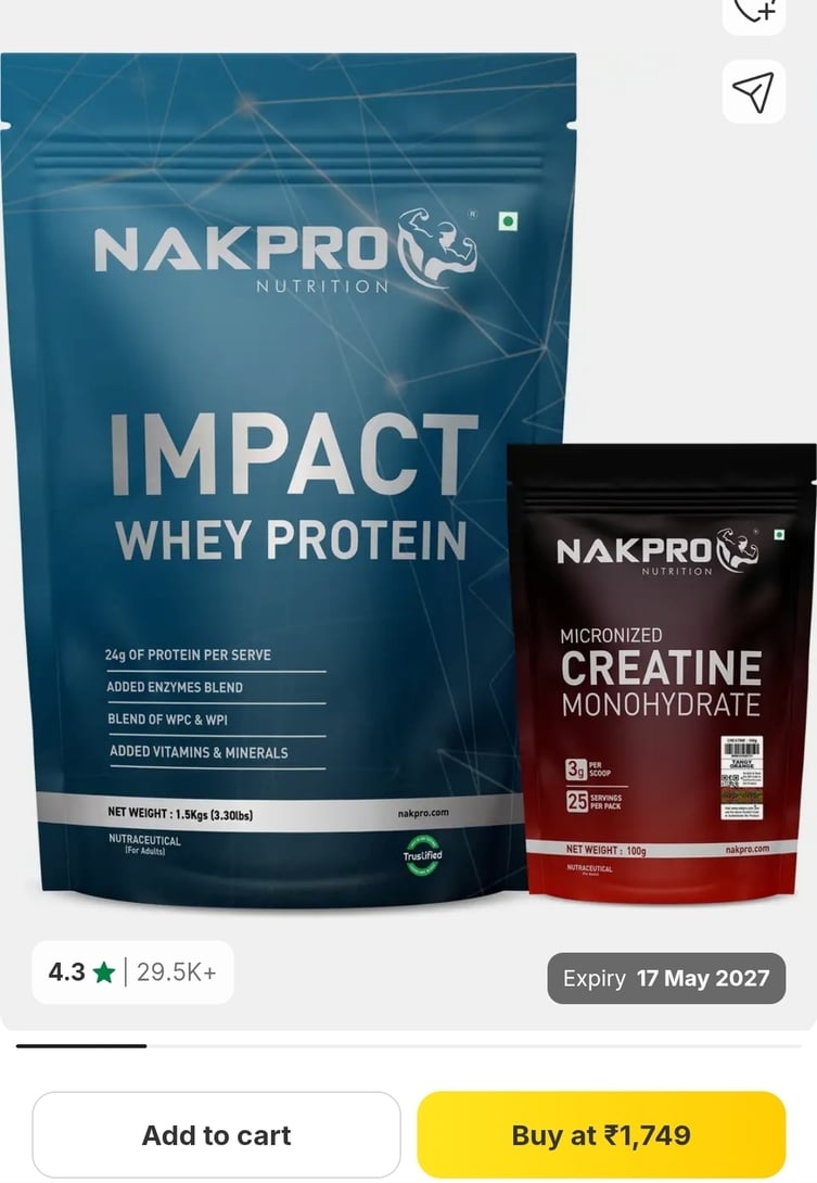 Nakpro Impact Whey Protein Isolate & Concentrate 1.5kg + Creatine Monohydrate 100g | Whey Protein (1.6 kg, Malai Kulfi +