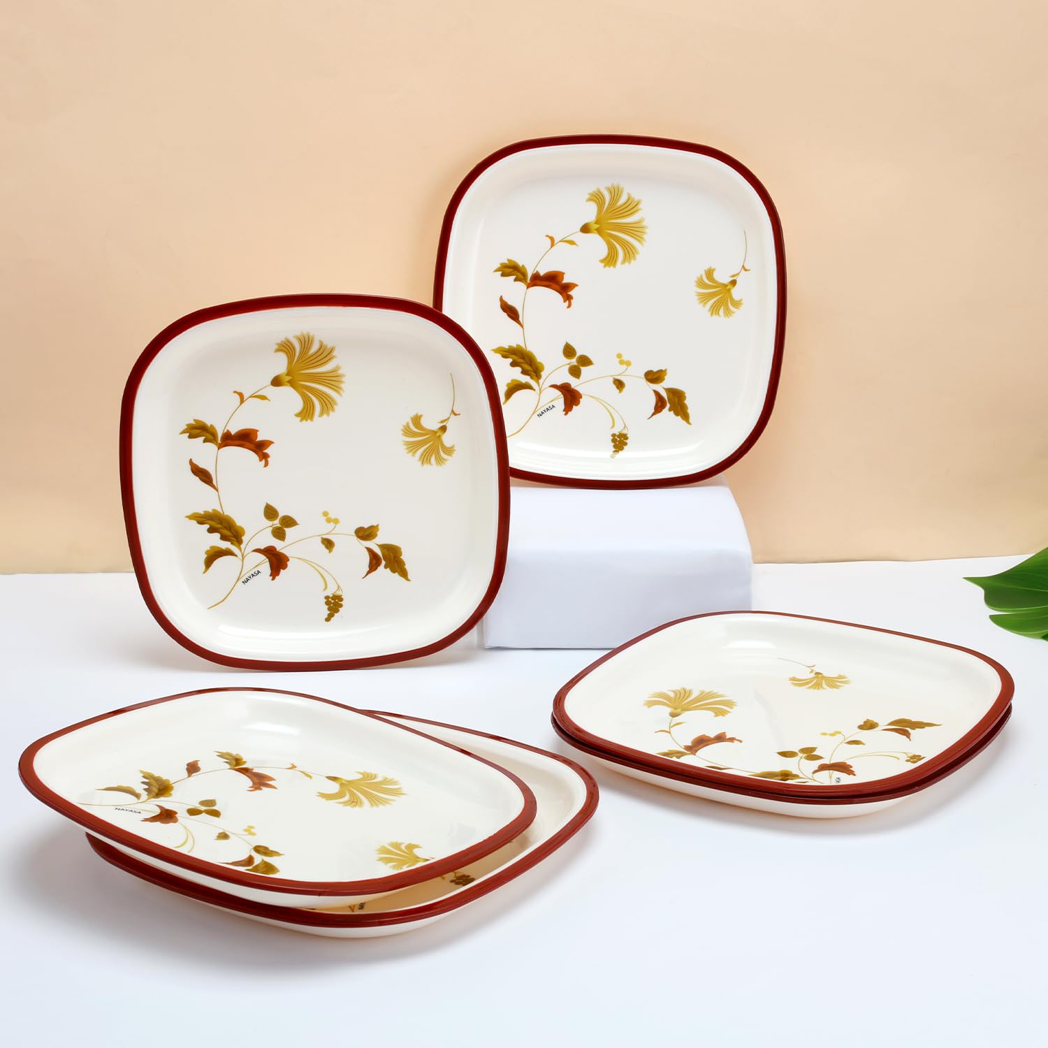 Nayasa Square Quarter Plate DLX Set of 6 - Microwave Safe Maroon Snack Plates