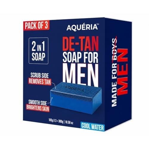 Aqueria De-Tan & Brightening 2-in-1 Bath Soap for Men | Cool Water Perfume | Scrub Side for Tan Removal & Gentle Exfoliation | Smooth Side for Skin Brightening & Hydration