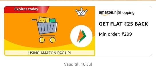 On Rs. 299 amazon pay gc flat 25 cashback, 100 times , user specific