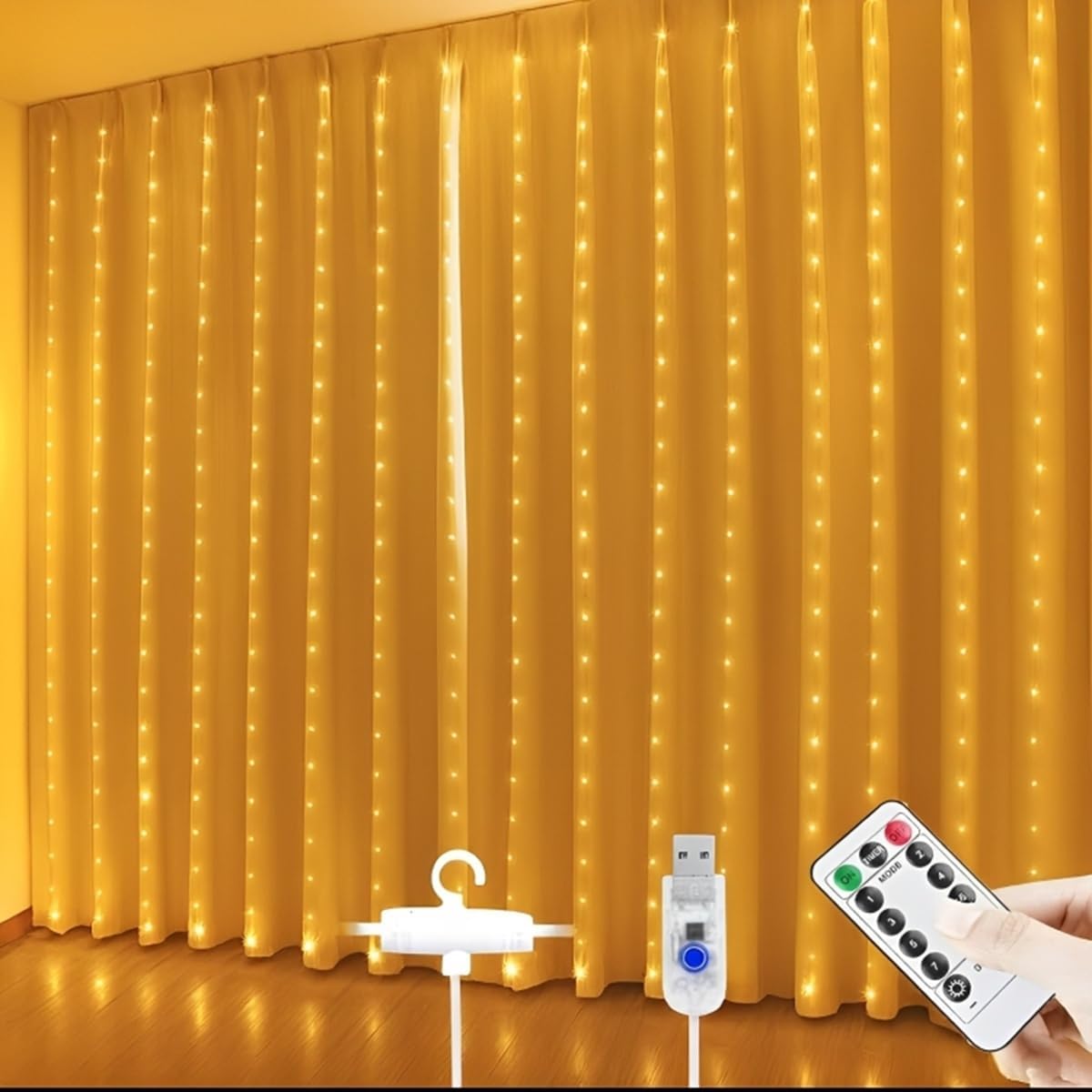 One94Store Fairy Curtain String Lights 300 LED's for Wall Decoration, Warm White USB Powered, 8 Flashing Modes, Window B