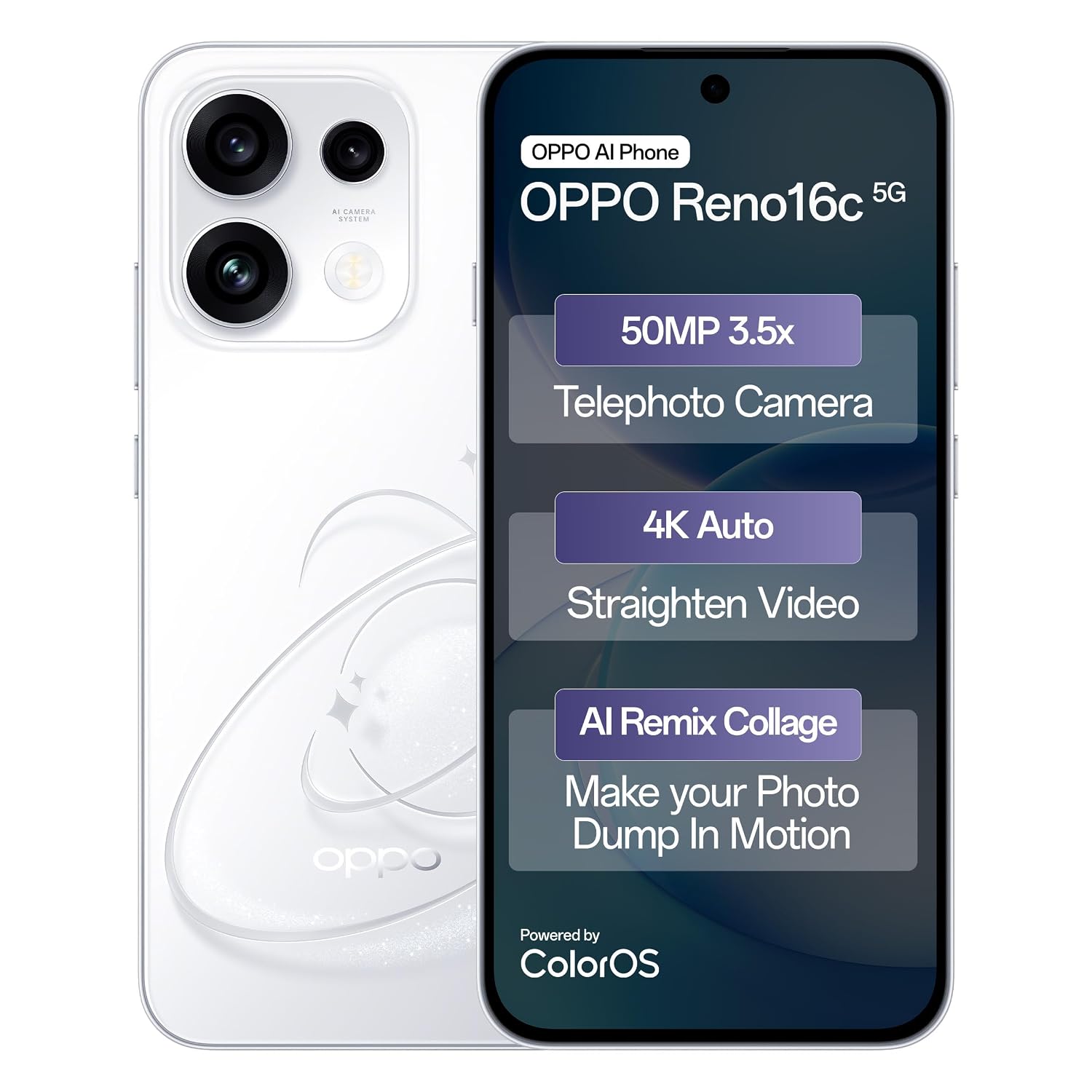 Oppo Reno16c 5G (Starry White, 8GB, 256GB) | 3D Design | 50MP 3.5X Telephoto Camera | 4K Video | AI Remix Collage | 7000