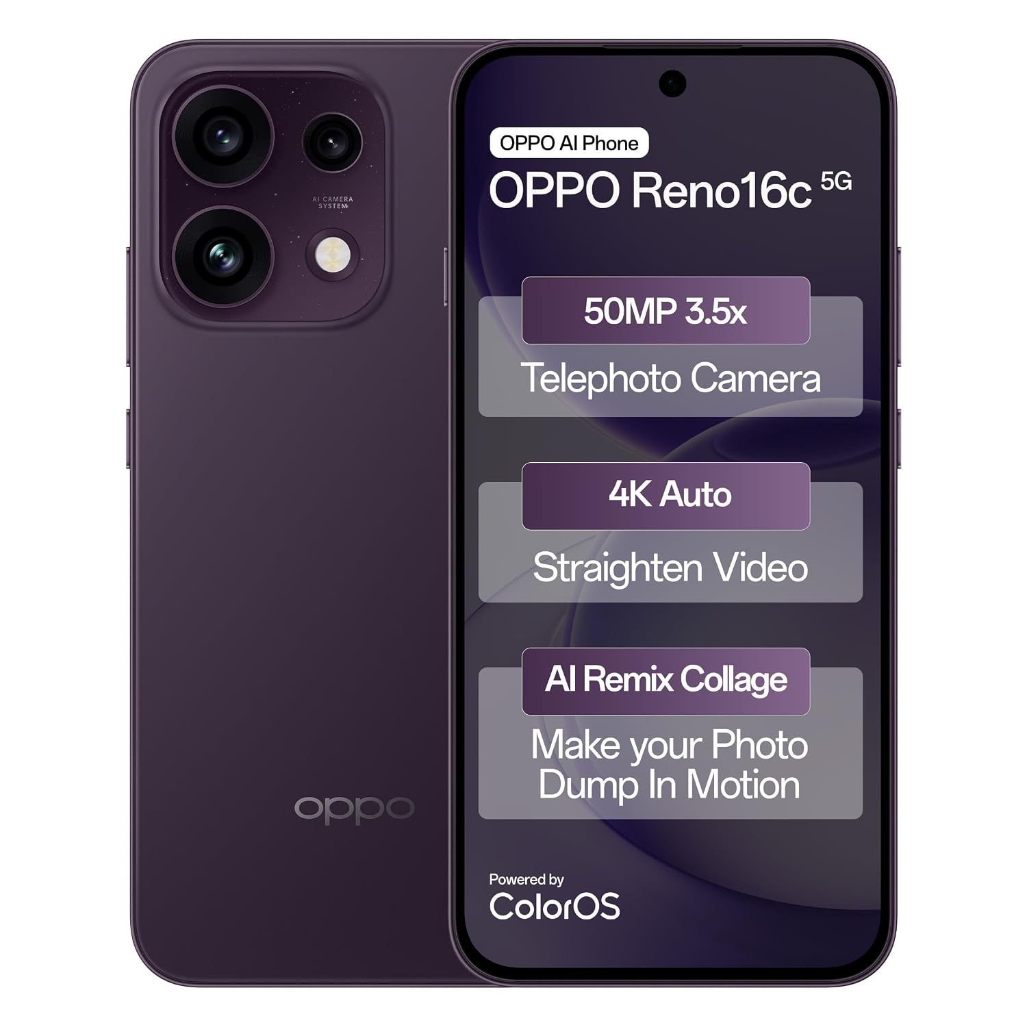 Oppo Reno16c 5G (Twilight Violet, 8GB, 128GB) | 50MP 3.5X Telephoto Camera | 4K Video | AI Remix Collage | 7000mAh 80W S