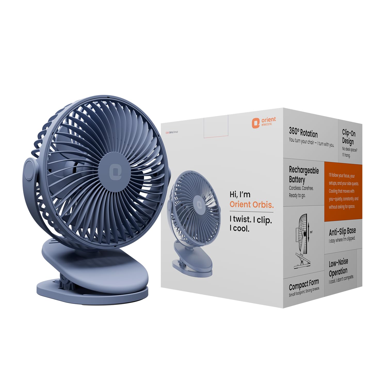Orient Electric Orbis Rechargeable Personal Fan | 360° Rotation | 1800 mAh Battery | 4 Speed Modes with Timer | Quiet Op