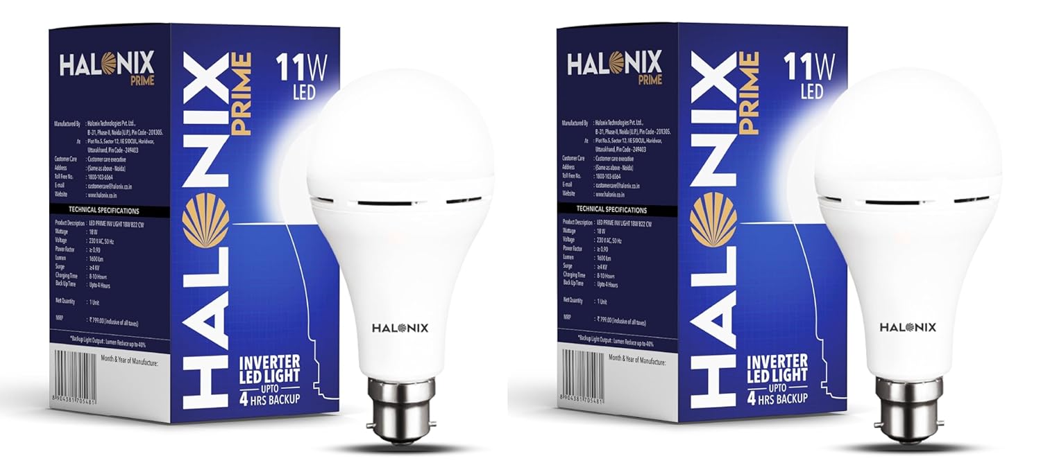 Pack Of 2 | Halonix 11W Emergency Inverter Bulb | Rechargeable Emergency B22D Led Bulb For Power Cuts | Backup : Up to 4H